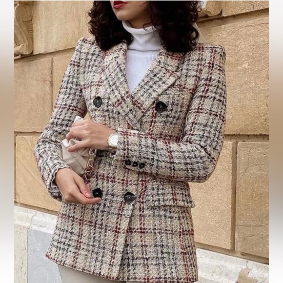 ZARA Textured Plaid Tweed Blazer Wool Cotton Ecru/Red - Picture 1 of 16